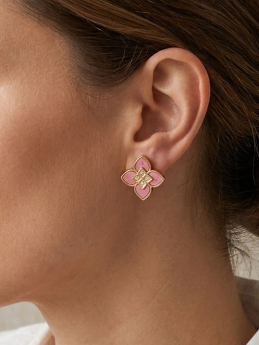 Alphabet RC Gold Plated Pink  Petal  Stud Earrings with CZ Accents