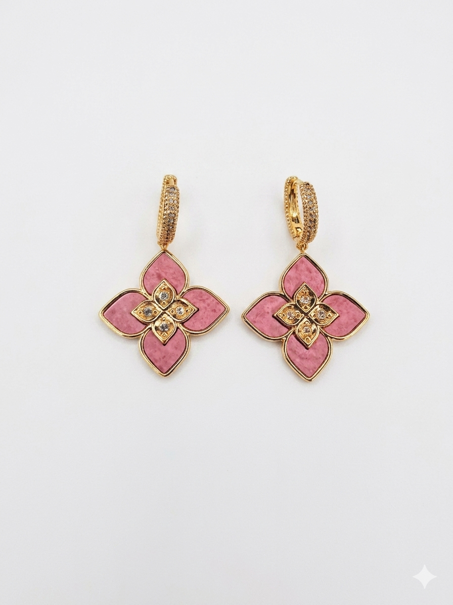 Alphabet RC  Gold Plated Pink Petal Drop Earrings with CZ Accents