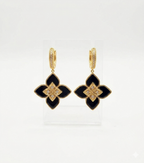 Alphabet RC Gold Plated Black Petal Drop Earrings with CZ Accents