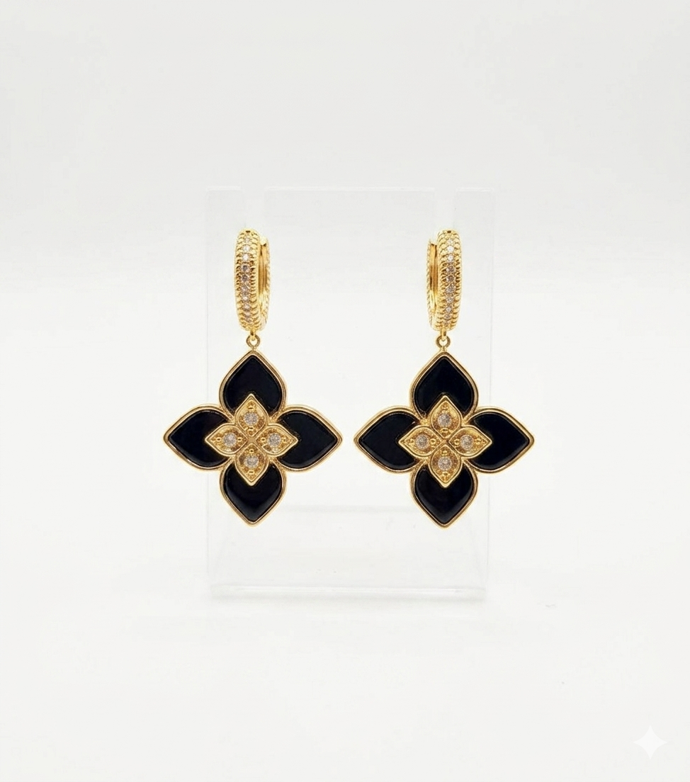 Alphabet RC Gold Plated Black Petal Drop Earrings with CZ Accents