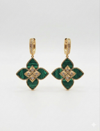 Alphabet RC Gold Plated White Green Drop Earrings with CZ Accents