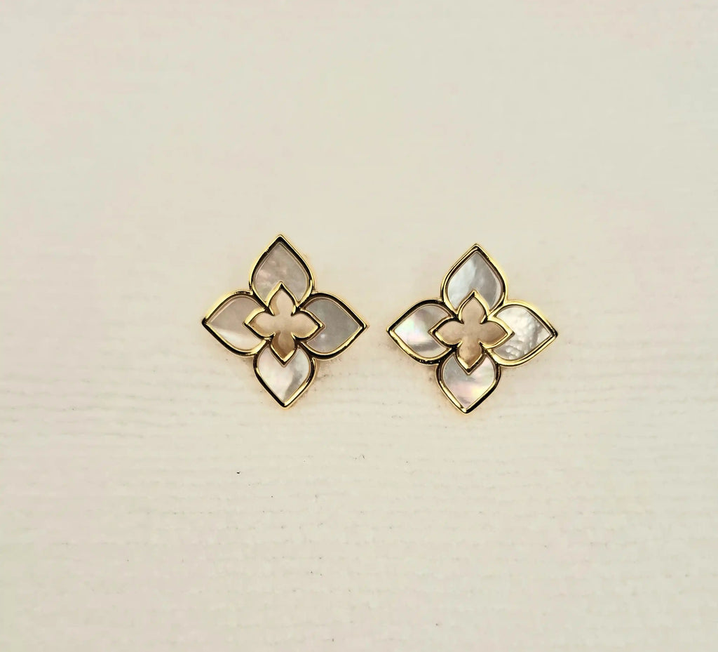 Alphabet RC Gold Plated White Clover Plain Stud Earring