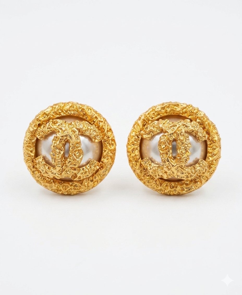 Gold Plated Textured Round Double C Stud Earrings with Pearl inset
