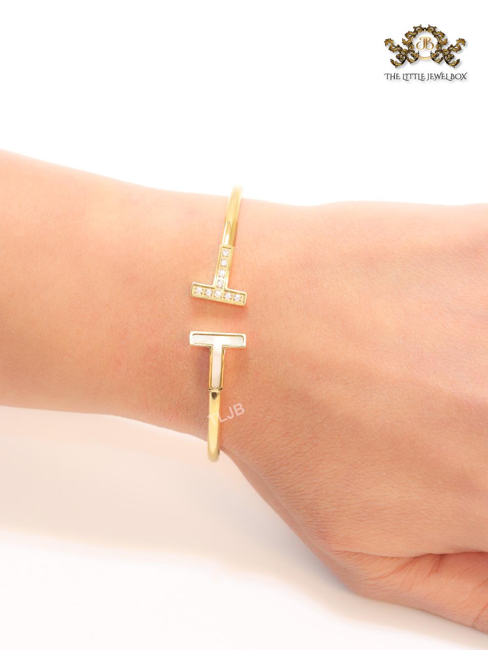 Alphabet T Half MOP and CZ gold sleek bracelet