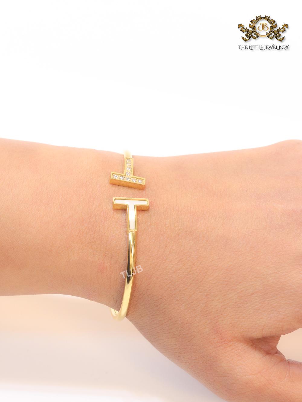 Alphabet T Half MOP and CZ gold sleek bracelet