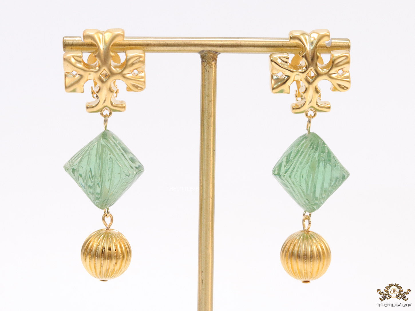 Alphabet T danglers with green carved stone