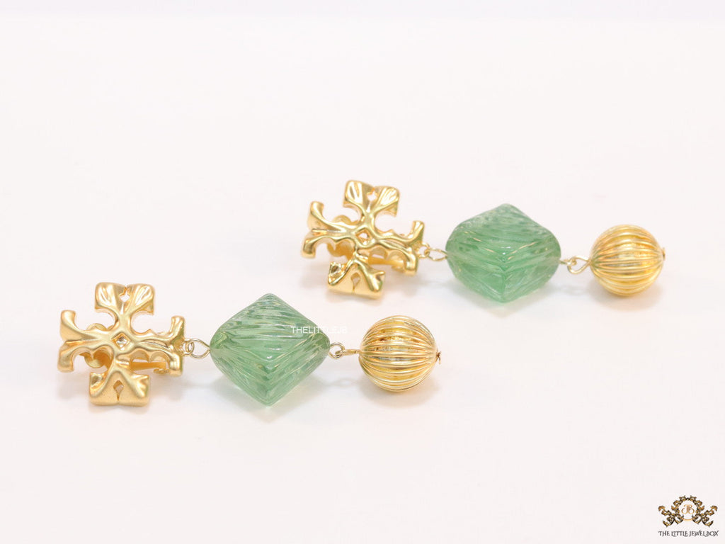 Alphabet T danglers with green carved stone