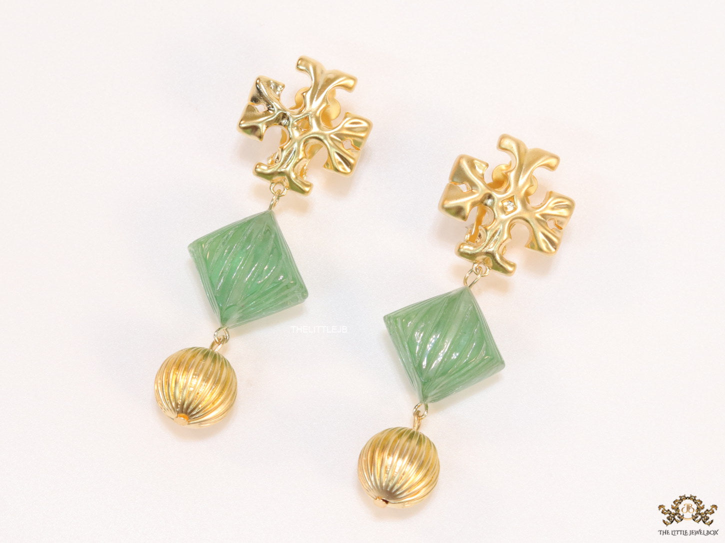 Alphabet T danglers with green carved stone