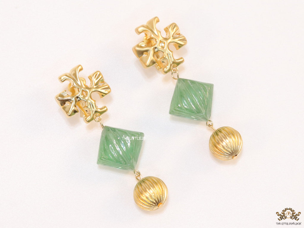 Alphabet T danglers with green carved stone