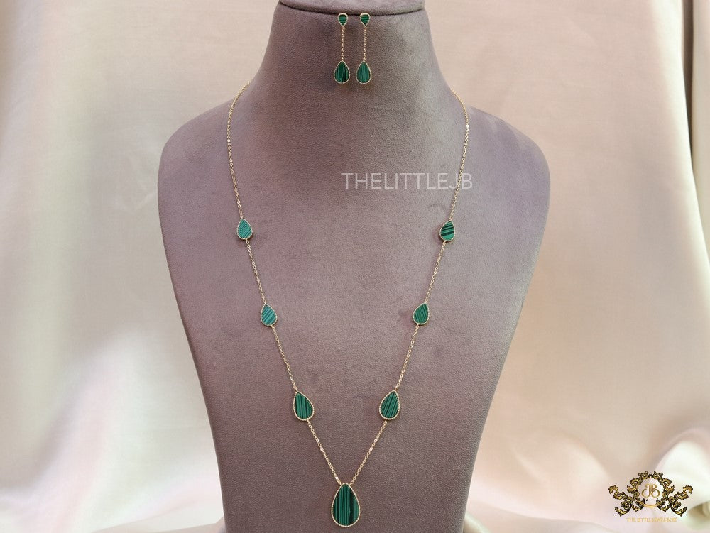 Gold plated long chain malachite stone necklace