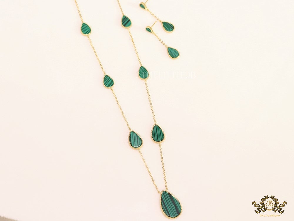 Gold plated long chain malachite stone necklace