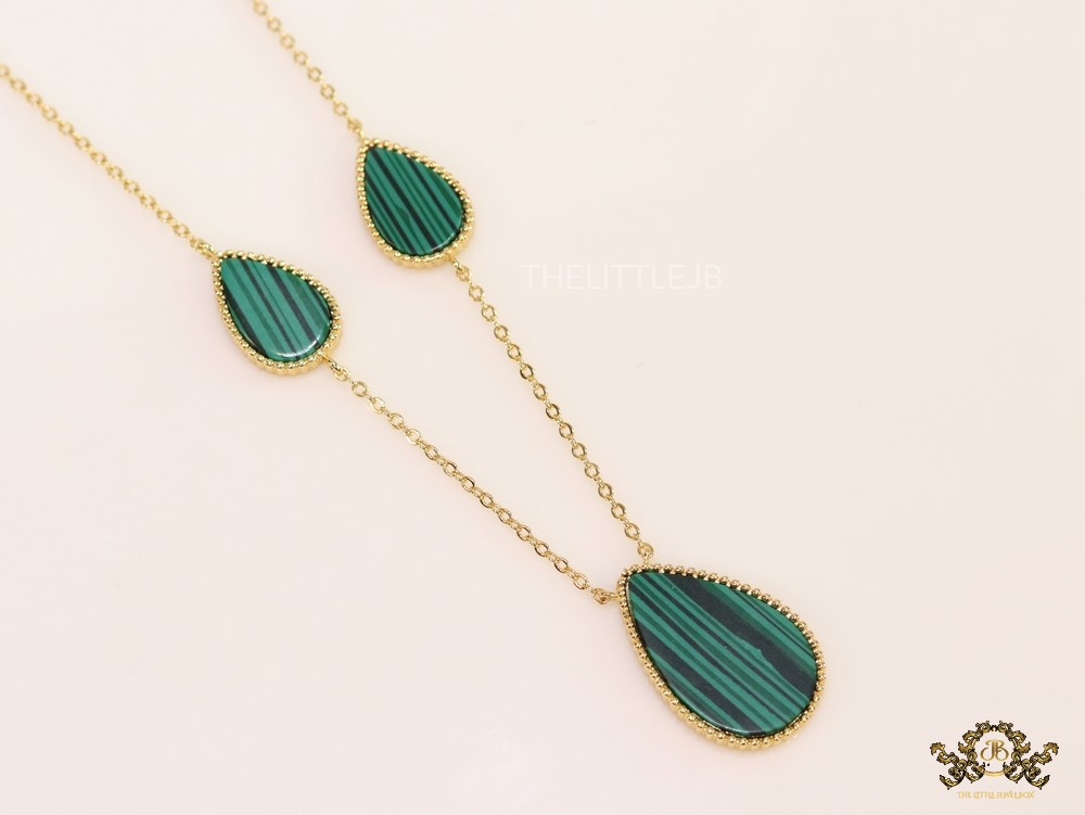 Gold plated long chain malachite stone necklace