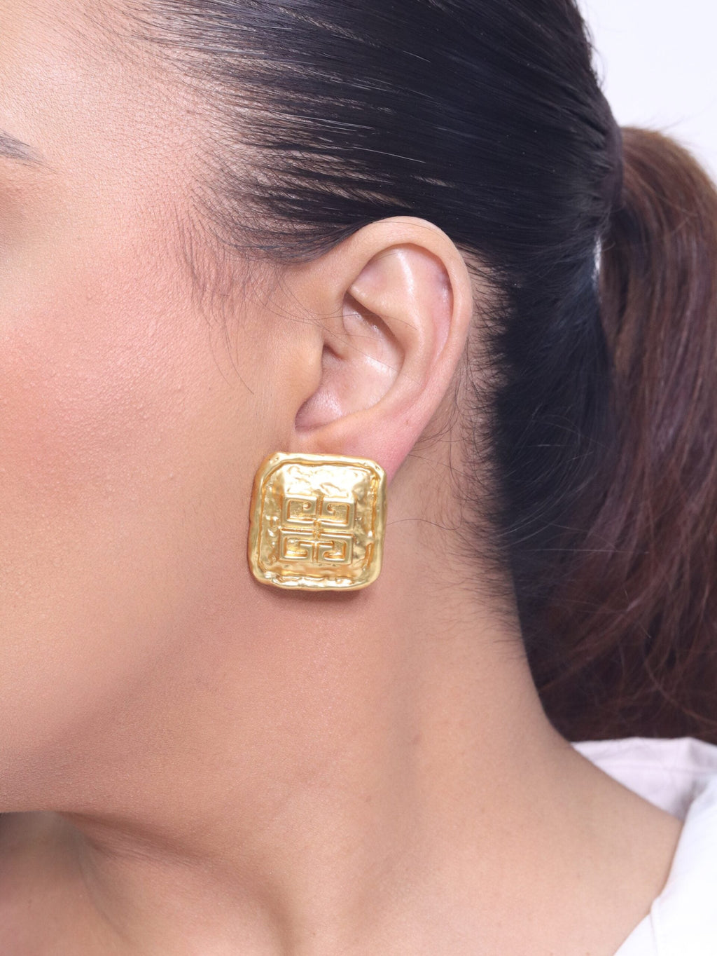 Alphabet G Embossed Statment Studs Gold Clip On