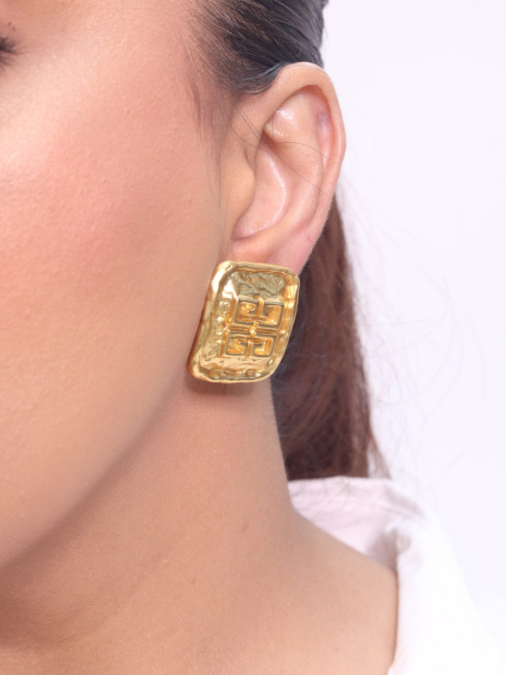 Alphabet G Embossed Statment Studs Gold Clip On