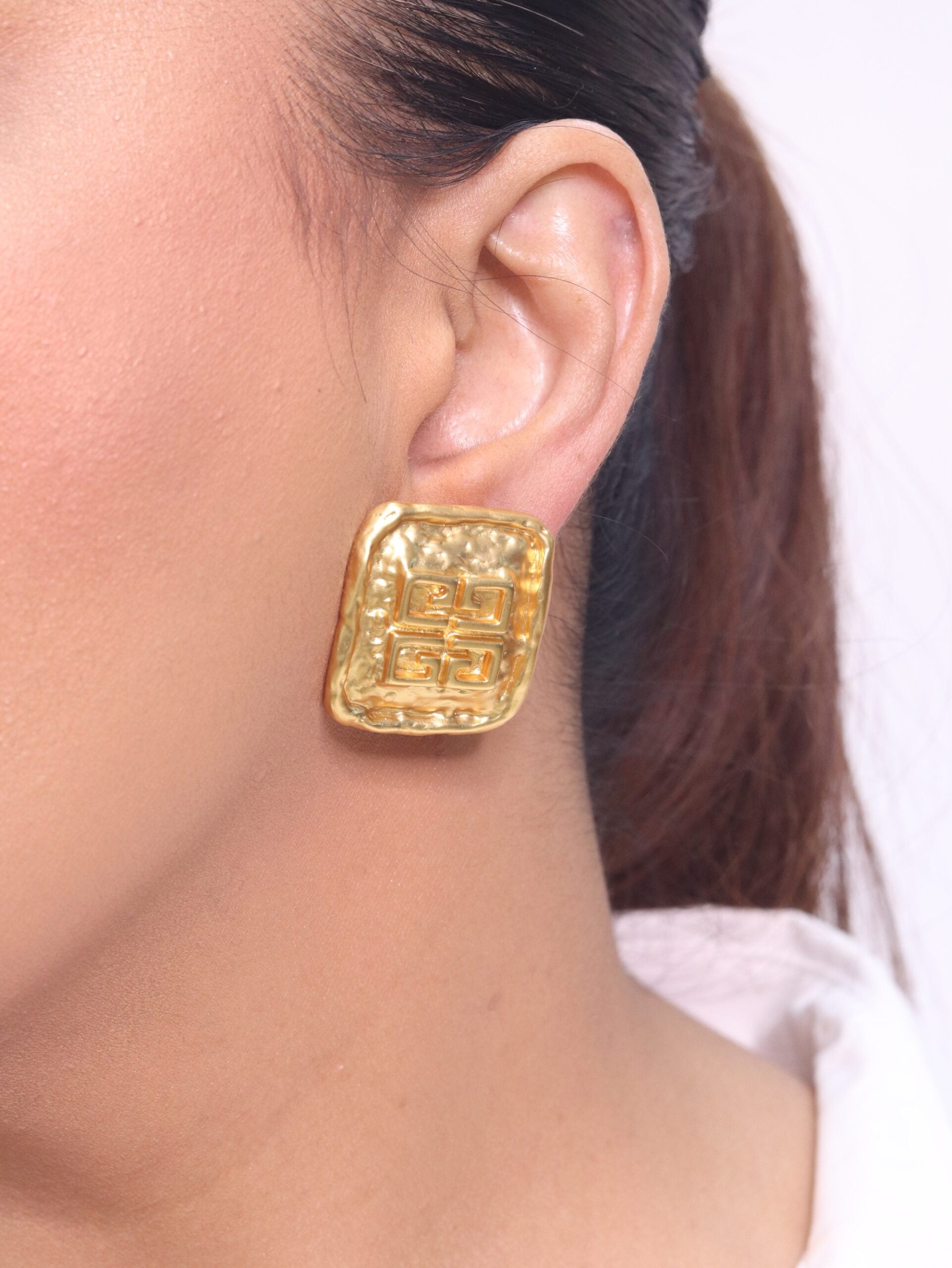 Alphabet G Embossed Statment Studs Gold Clip On