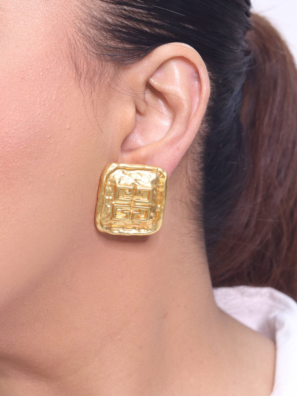 Alphabet G Embossed Statment Studs Gold Clip On
