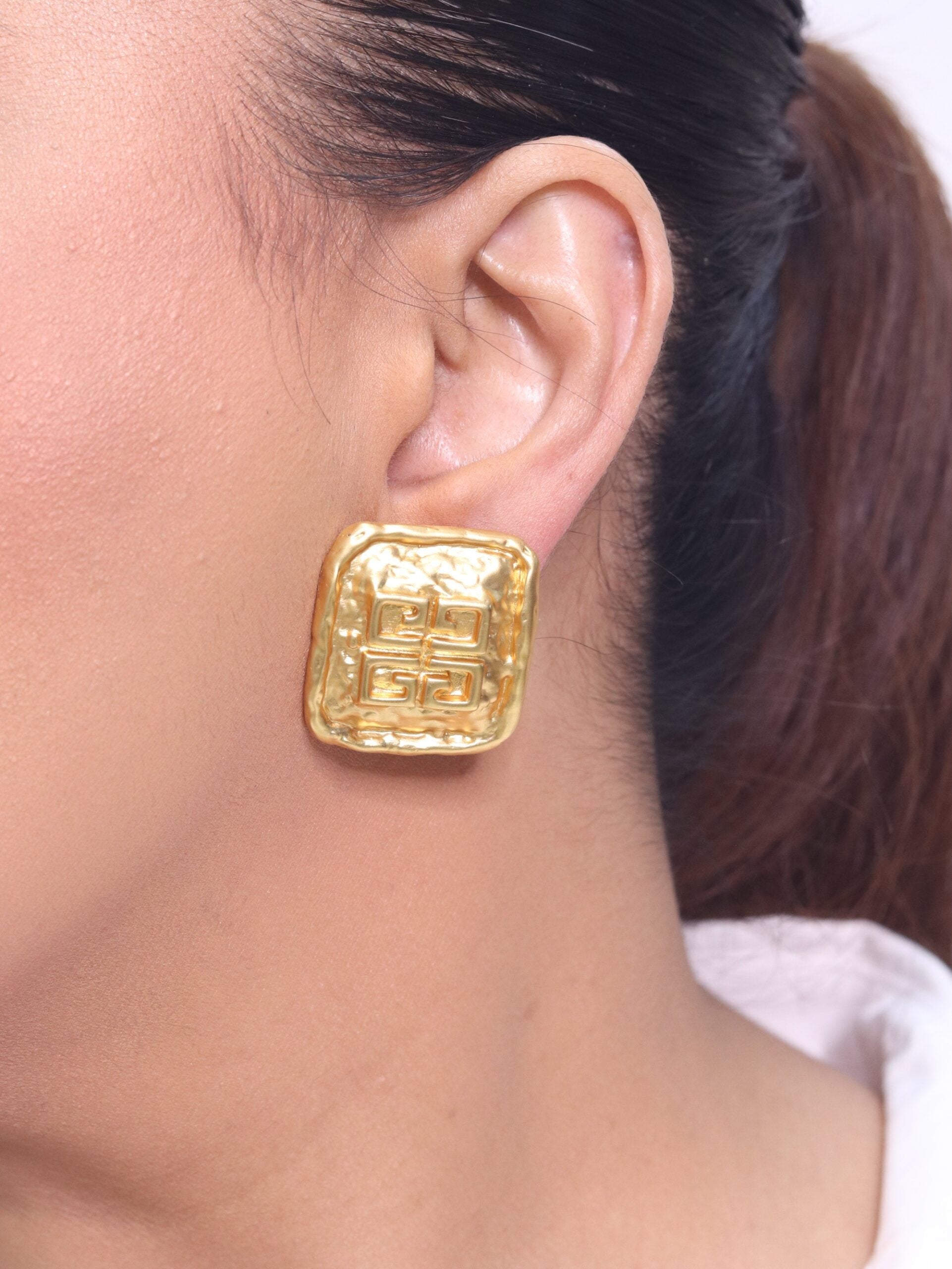 Alphabet G Embossed Statment Studs Gold Clip On