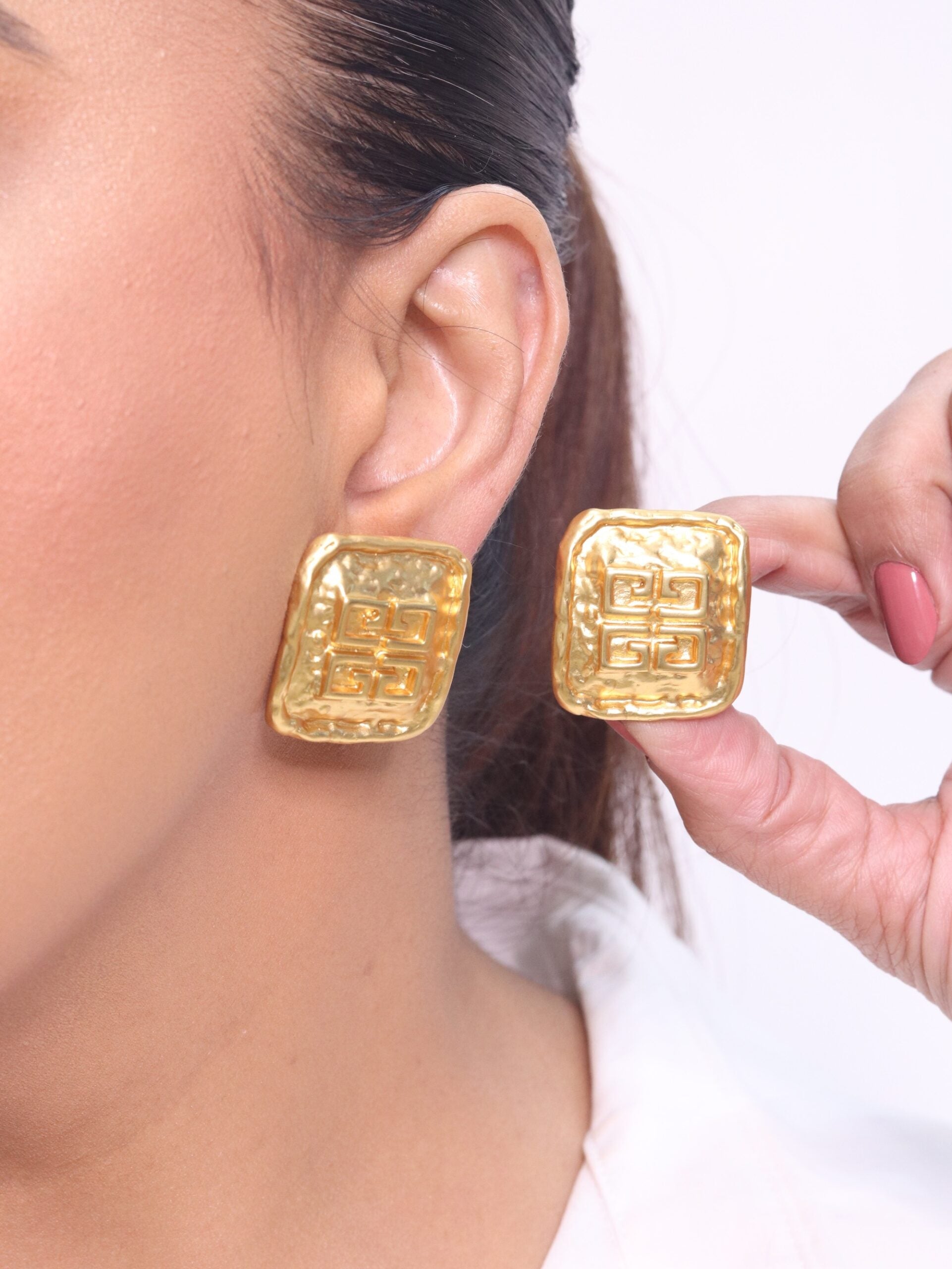 Alphabet G Embossed Statment Studs Gold Clip On
