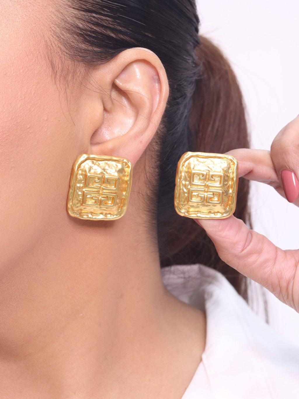 Alphabet G Embossed Statment Studs Gold Clip On