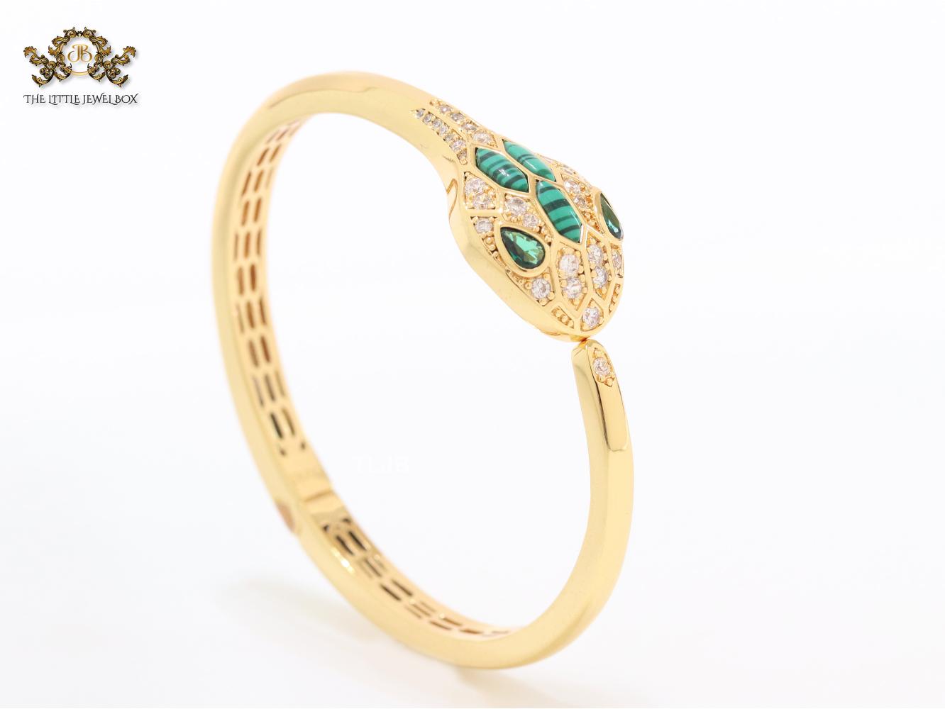 Snake head gold and green malachite bracelet with cz