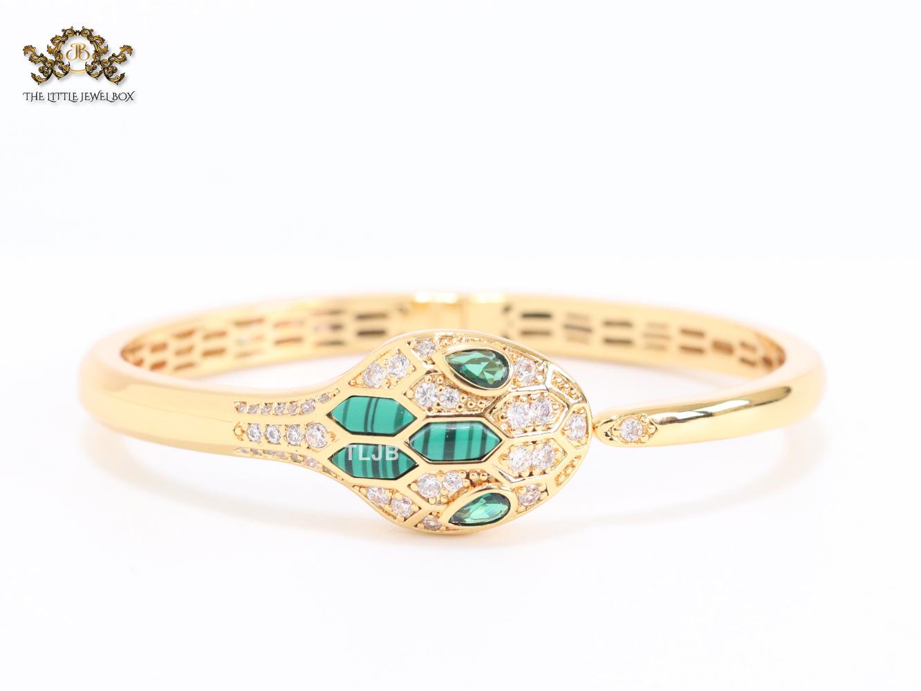 Snake head gold and green malachite bracelet with cz