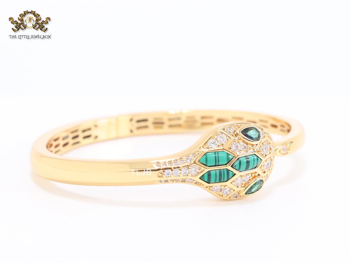 Snake head gold and green malachite bracelet with cz