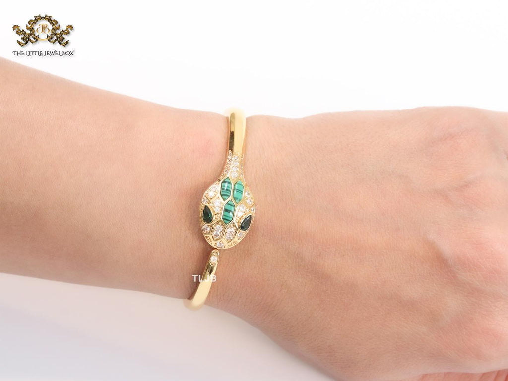 Snake head gold and green malachite bracelet with cz