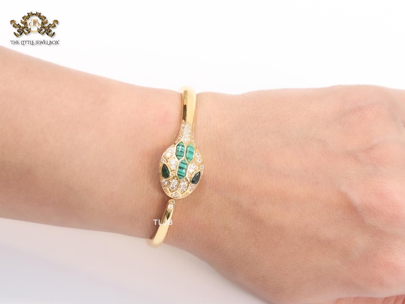 Snake head gold and green malachite bracelet with cz