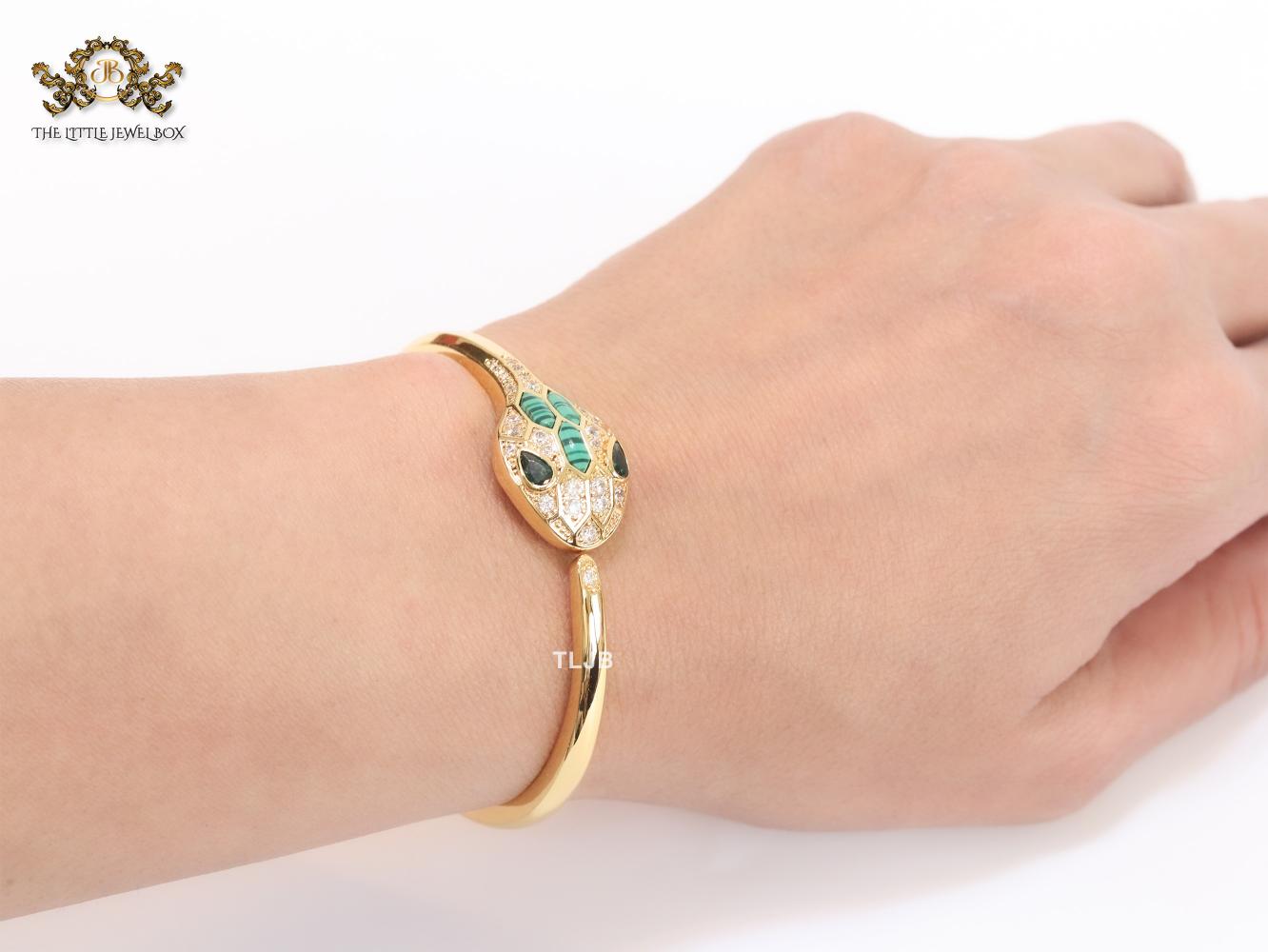 Snake head gold and green malachite bracelet with cz