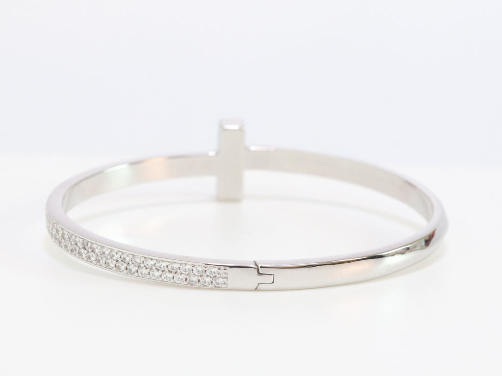 Alphabet T bracelet with half CZ in platinum finish