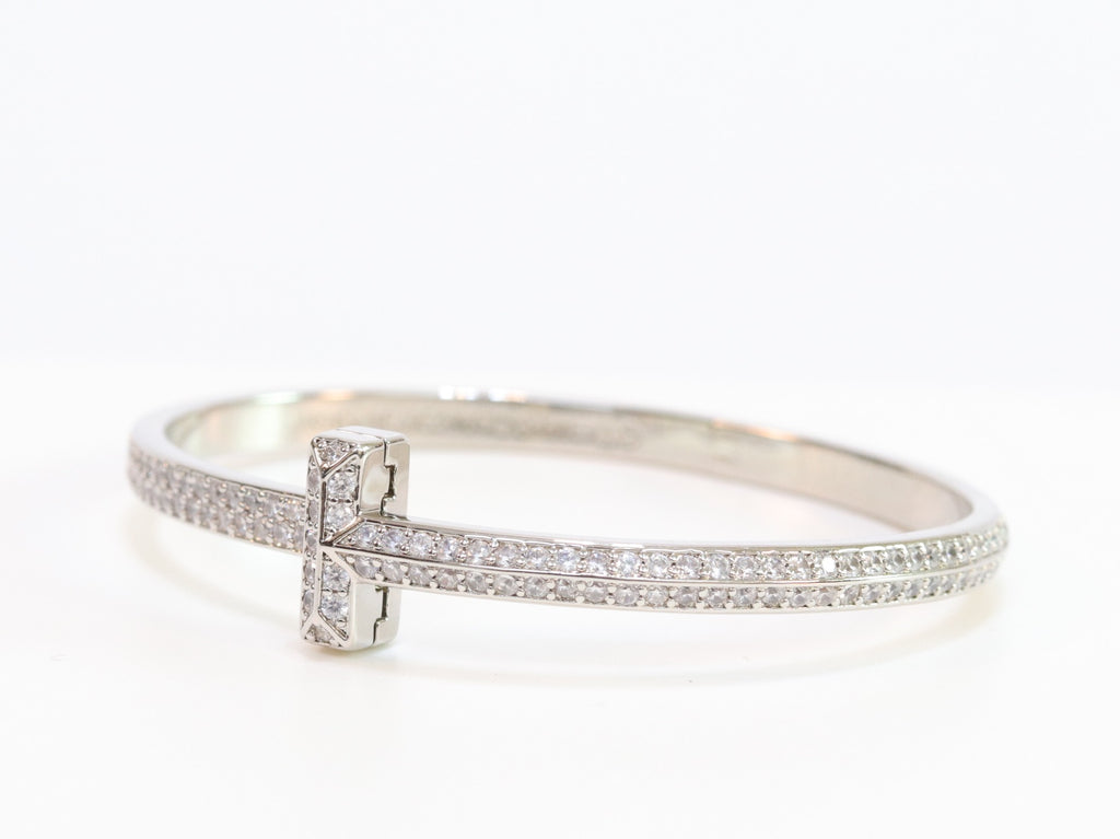 Alphabet T bracelet with full CZ in platinum finish