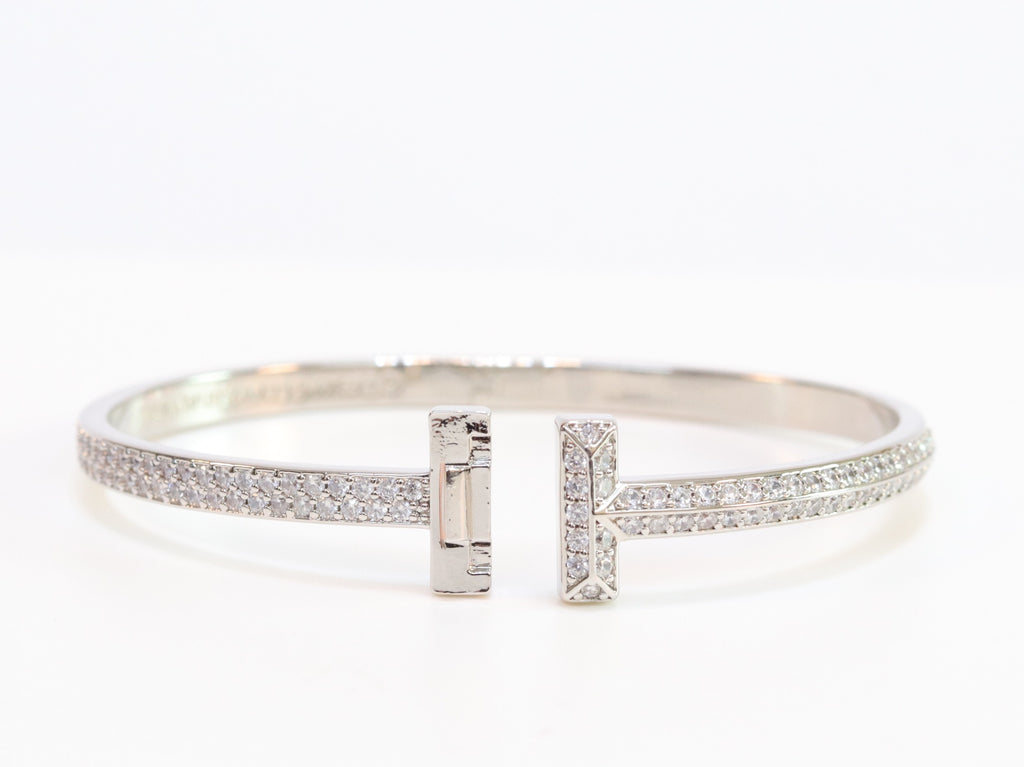 Alphabet T bracelet with full CZ in platinum finish