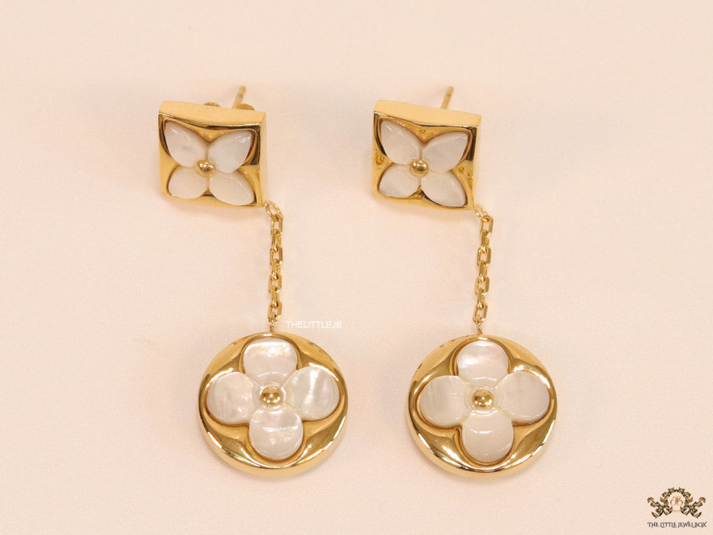 Gold plated dangle earrings with MOP clover flower motifs