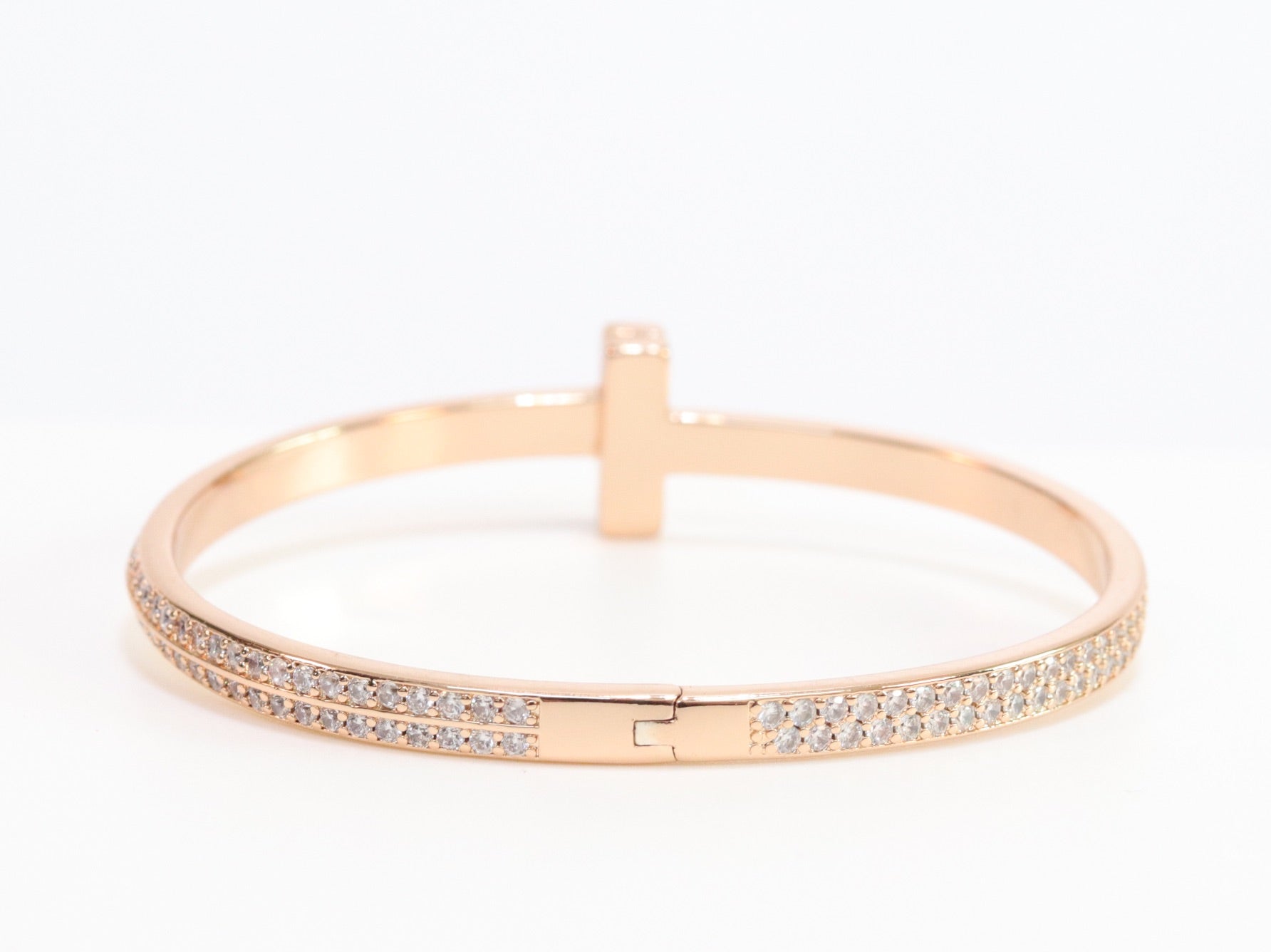 Alphabet T bracelet with full CZ in rose gold finish