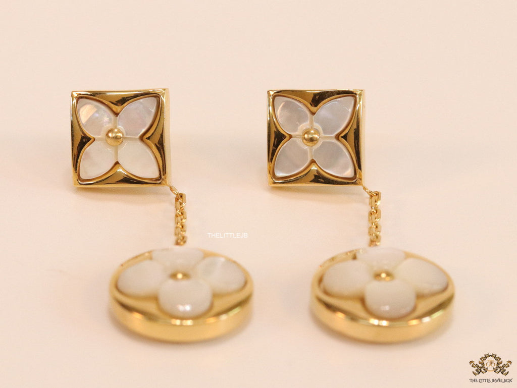 Gold plated dangle earrings with MOP clover flower motifs