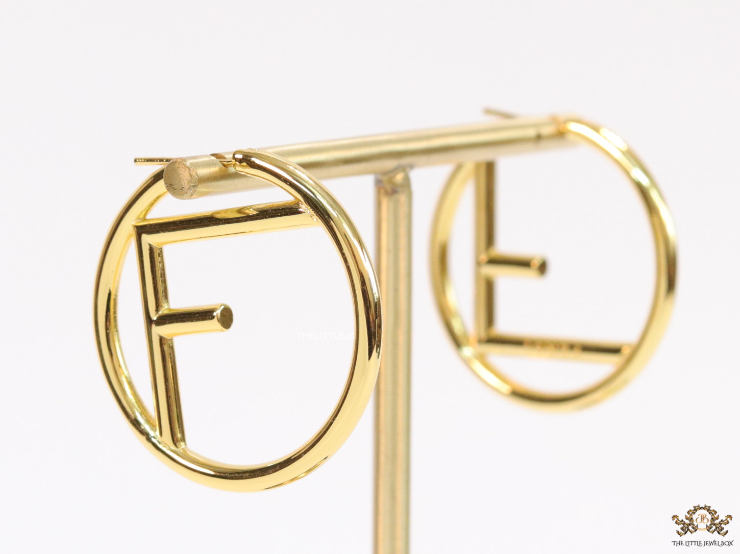 Gold plated hoops with alphabet F motif 40mm