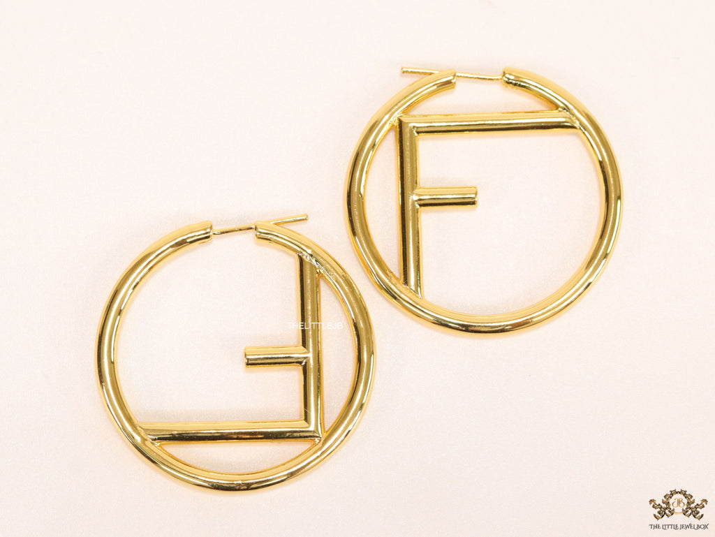 Gold plated hoops with alphabet F motif 40mm