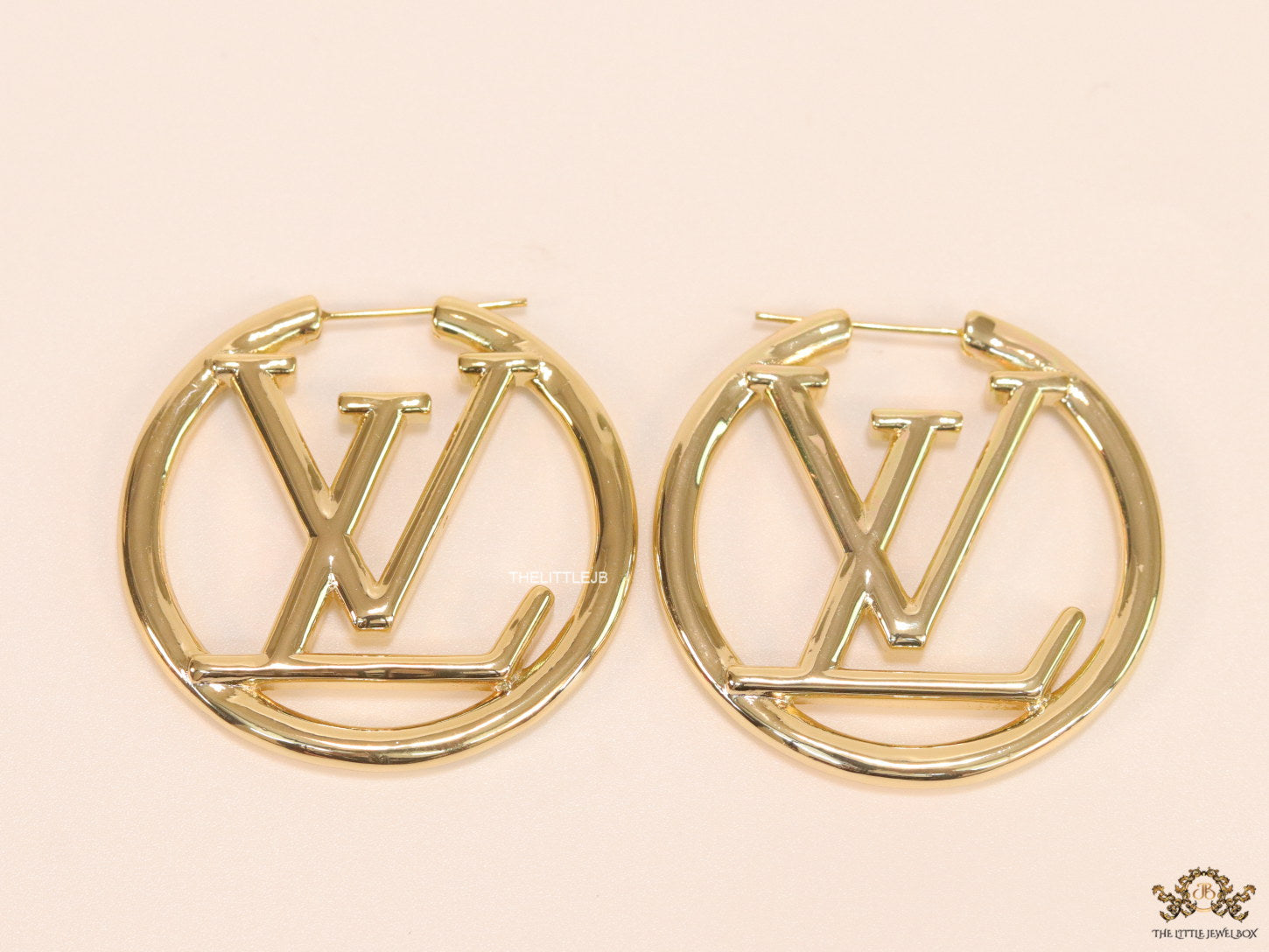 Gold plated L and V alphabet hoops 40 mm