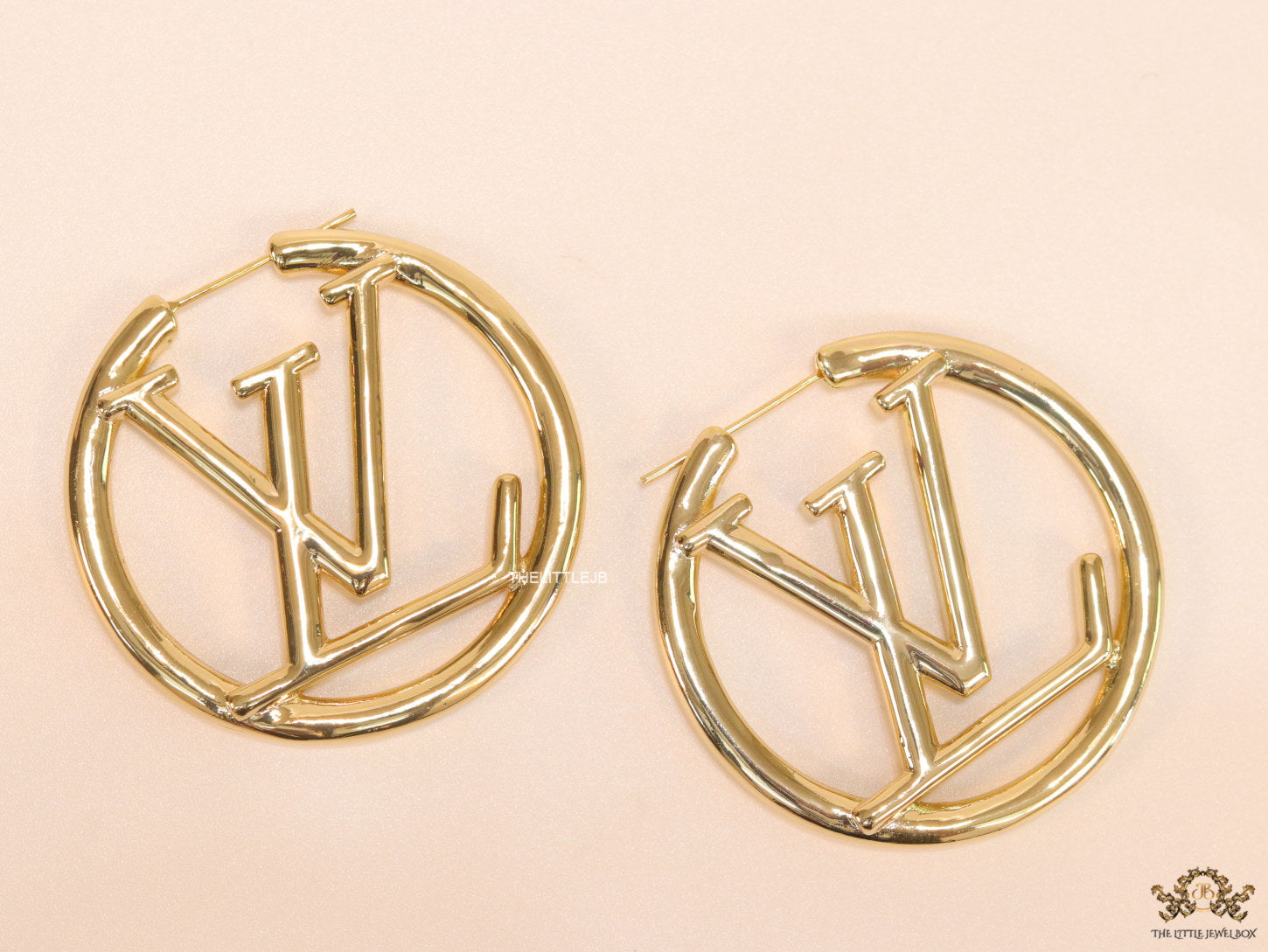 Gold plated L and V alphabet hoops 40 mm
