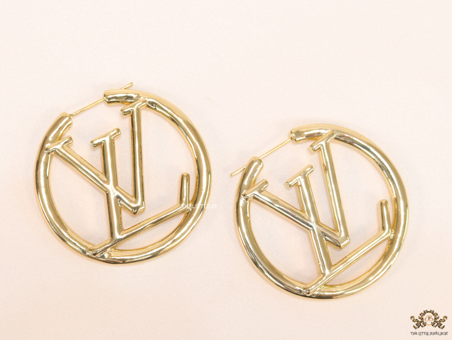 Gold plated L and V alphabet hoops 40 mm