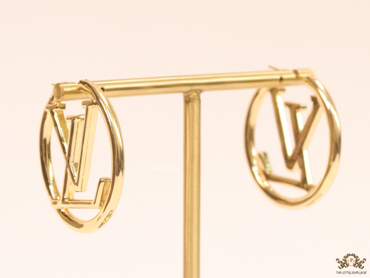 Gold plated L and V alphabet hoops 40 mm