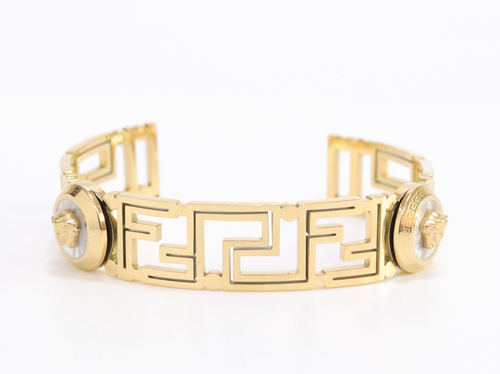Alphabet V and Medusa Open Bracelet with gold finish
