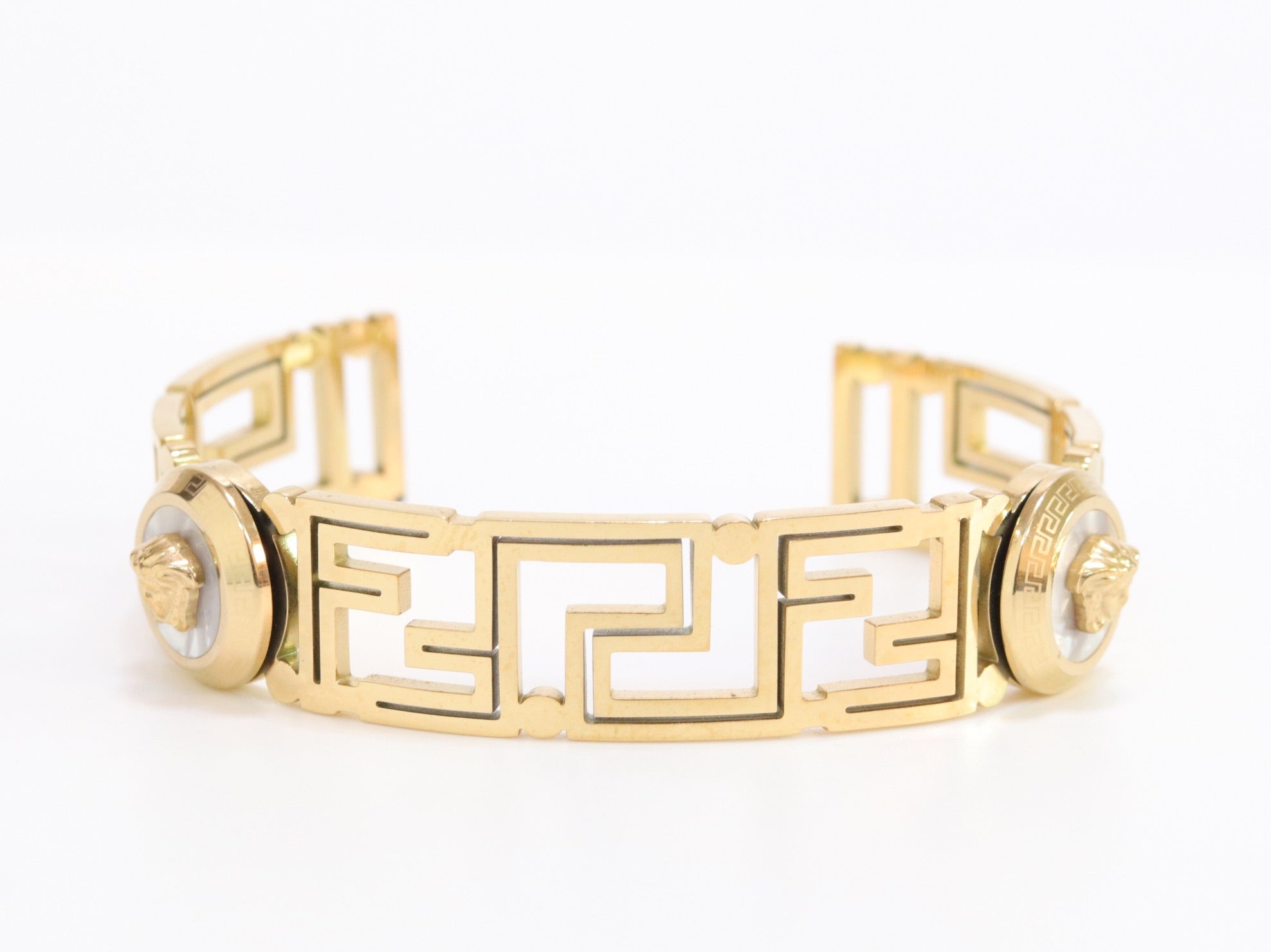Alphabet V and Medusa Open Bracelet with gold finish