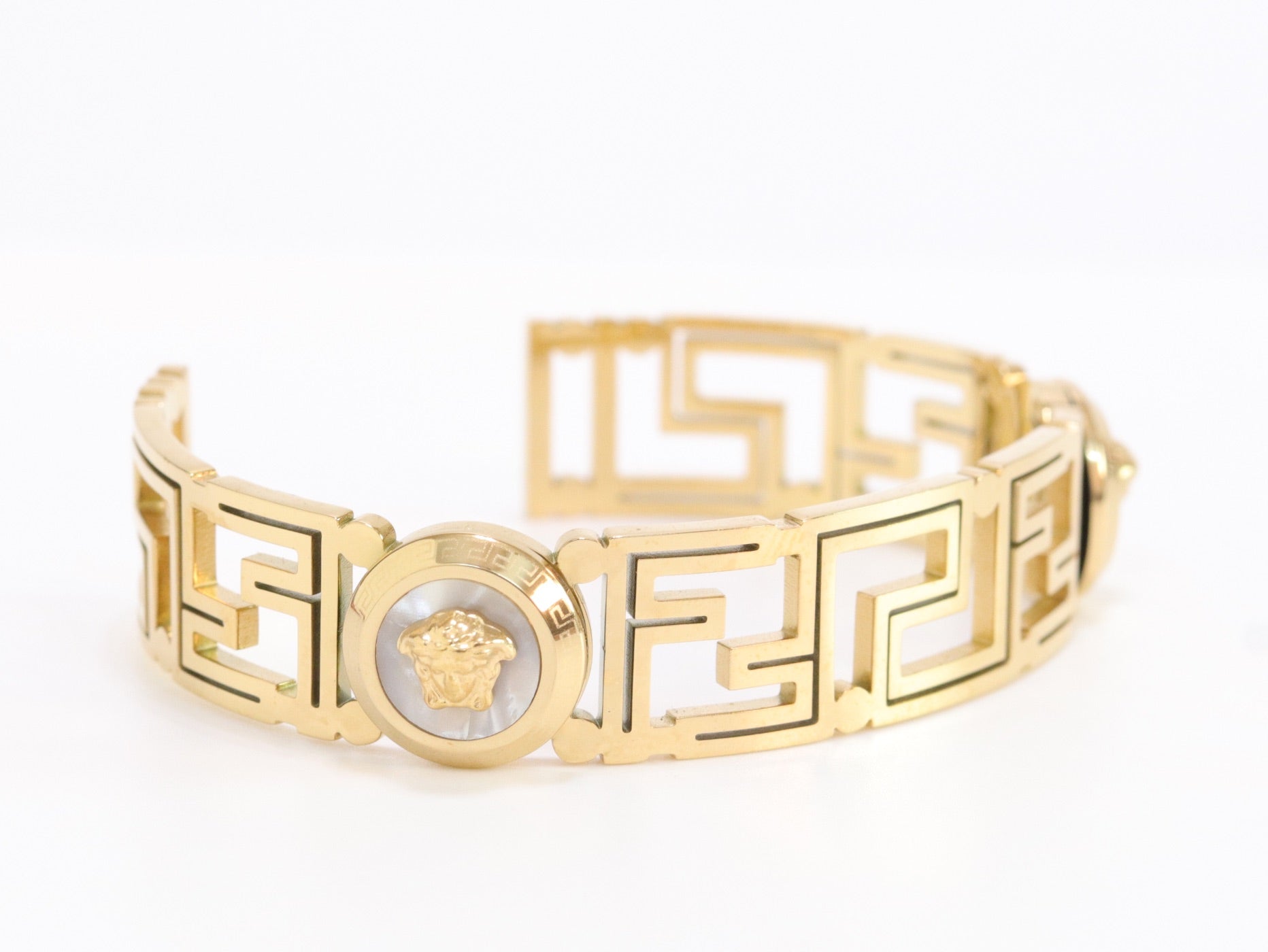 Alphabet V and Medusa Open Bracelet with gold finish