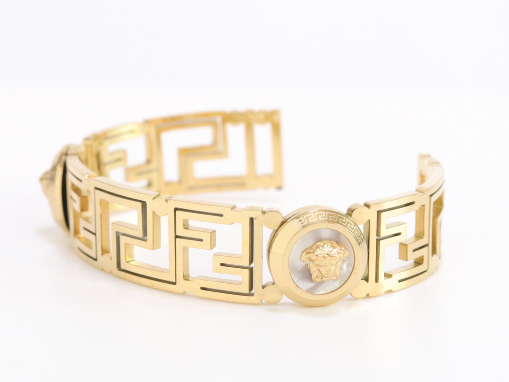 Alphabet V and Medusa Open Bracelet with gold finish