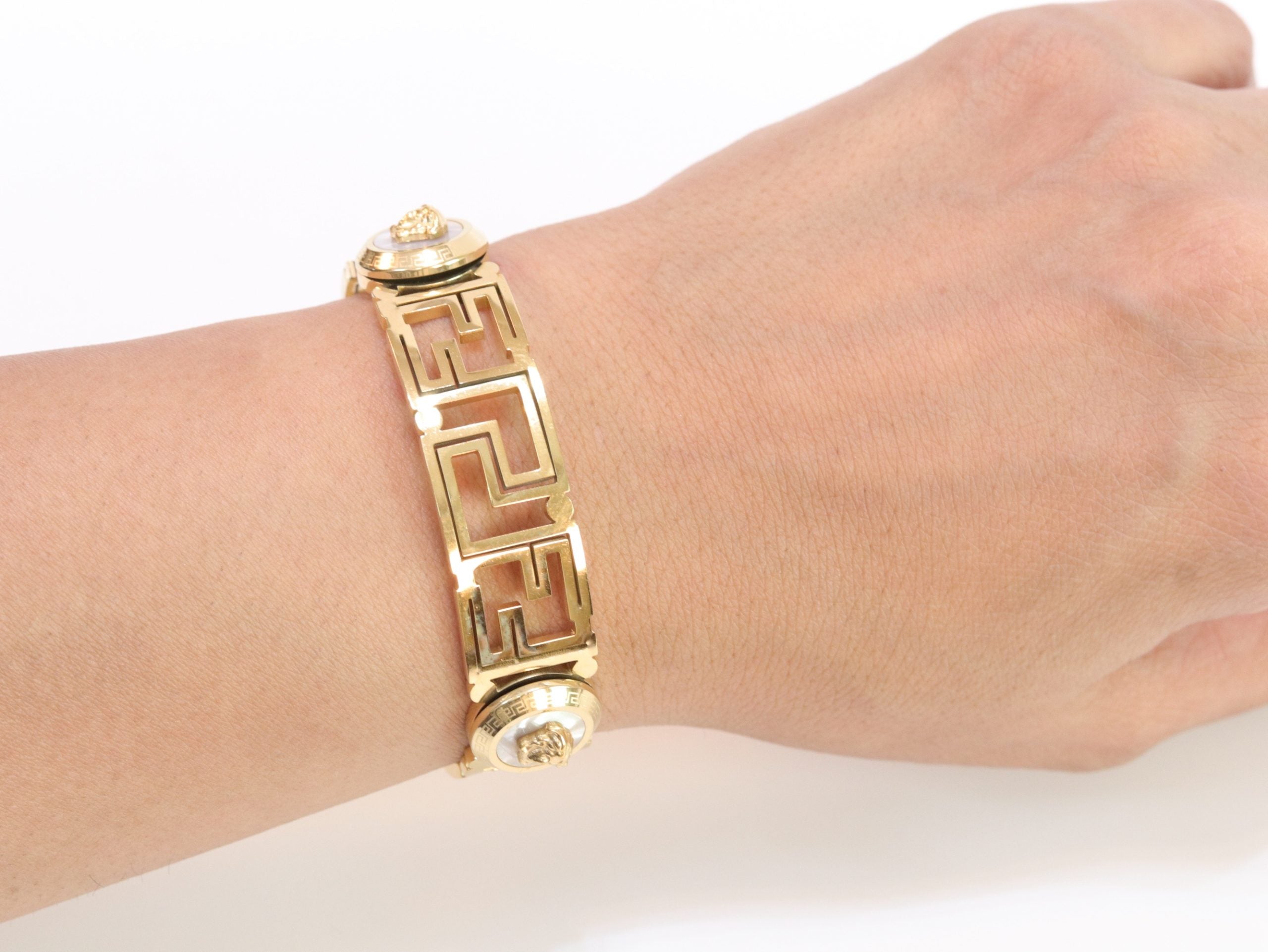 Alphabet V and Medusa Open Bracelet with gold finish