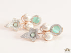 Cz flower earrings with shell pearls and light green stones