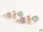 Cz flower earrings with shell pearls and light green stones