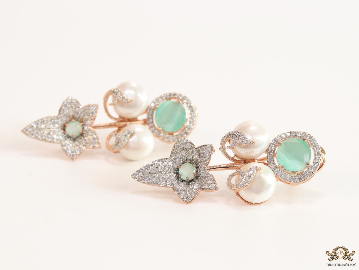 Cz flower earrings with shell pearls and light green stones