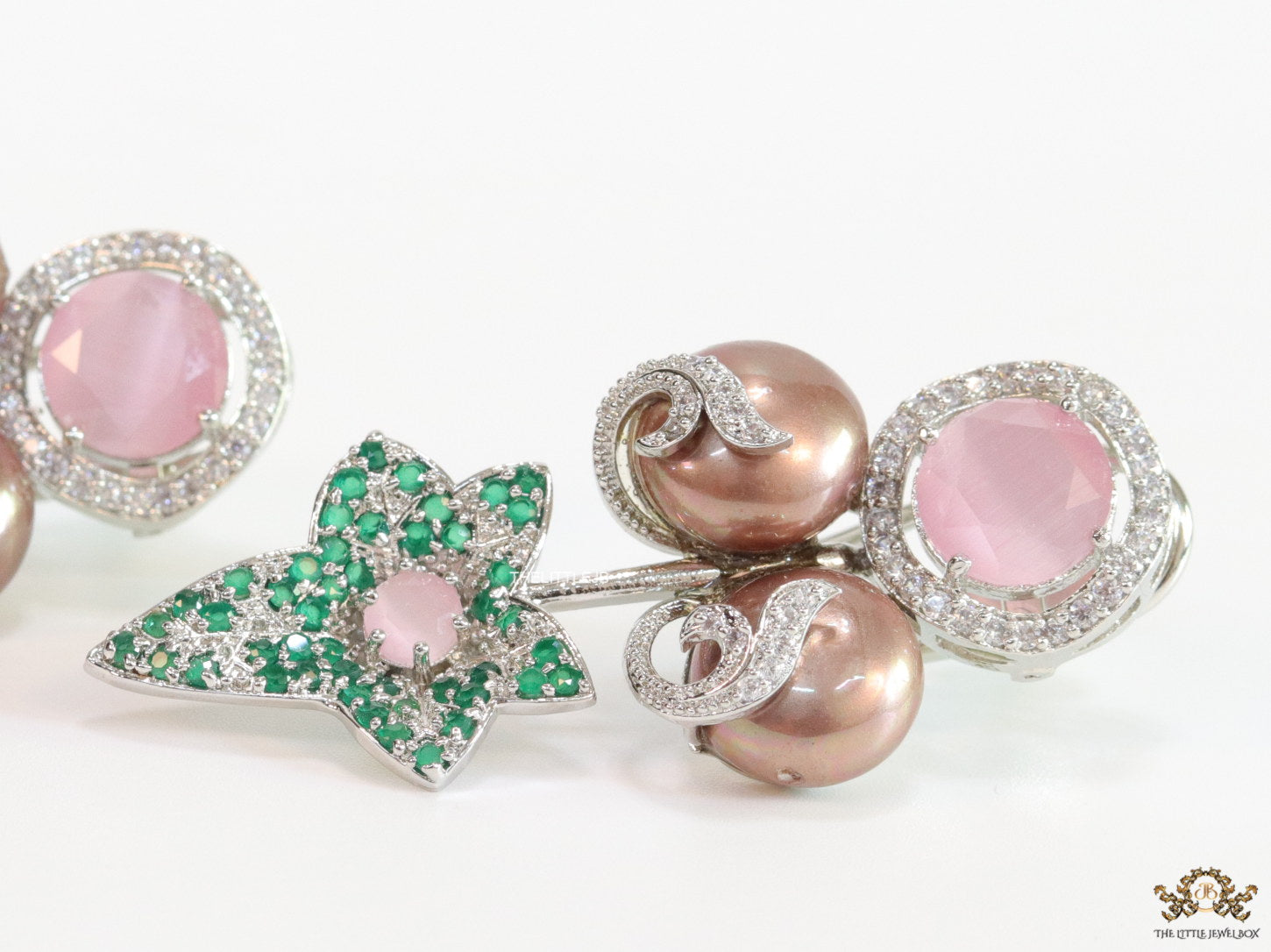 Cz flower earrings with bronze pearls and baby pink stones